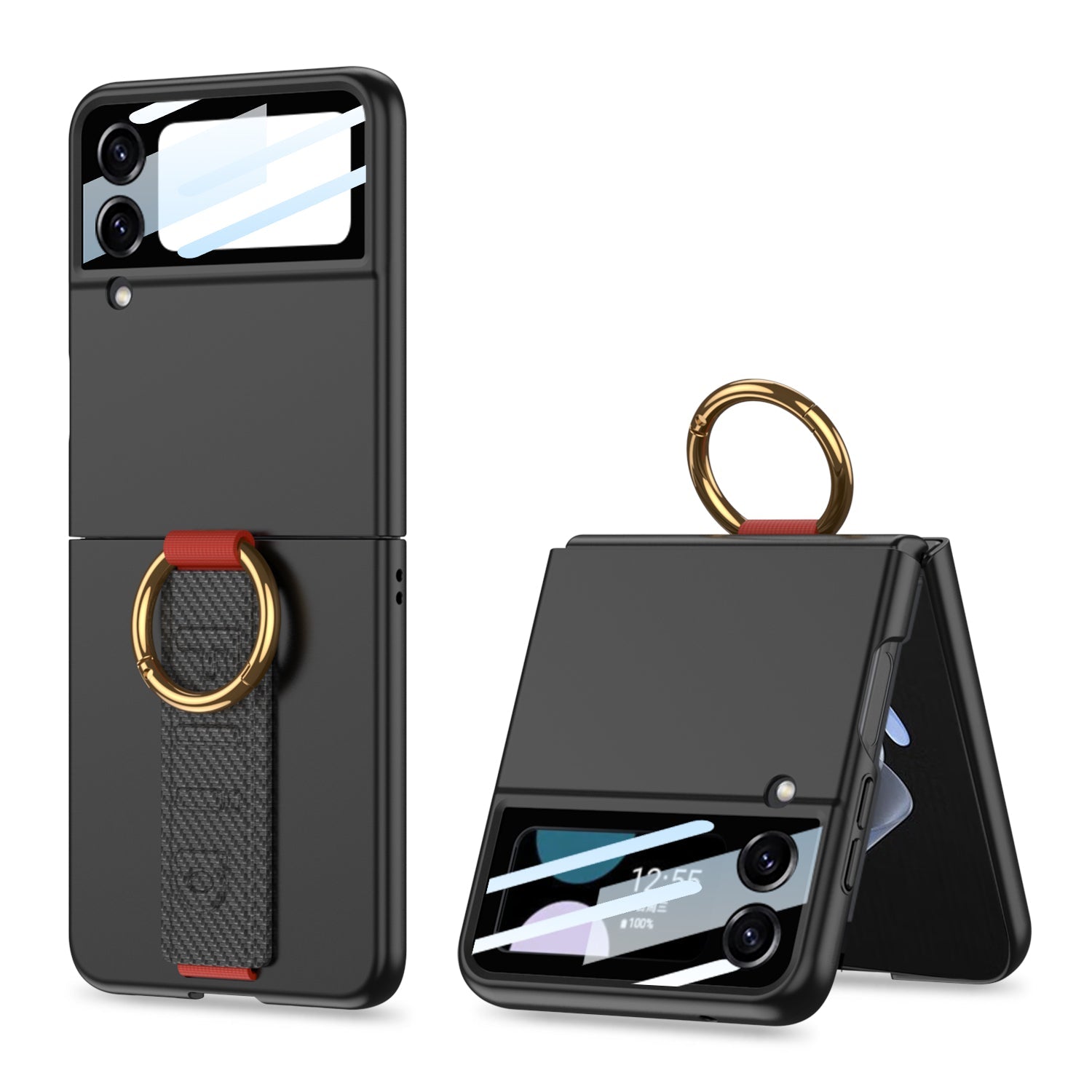 Premium Wristband Ring Holder Phone Case With Back Screen Protector For Samsung Galaxy Z Flip5 Flip4 Flip3