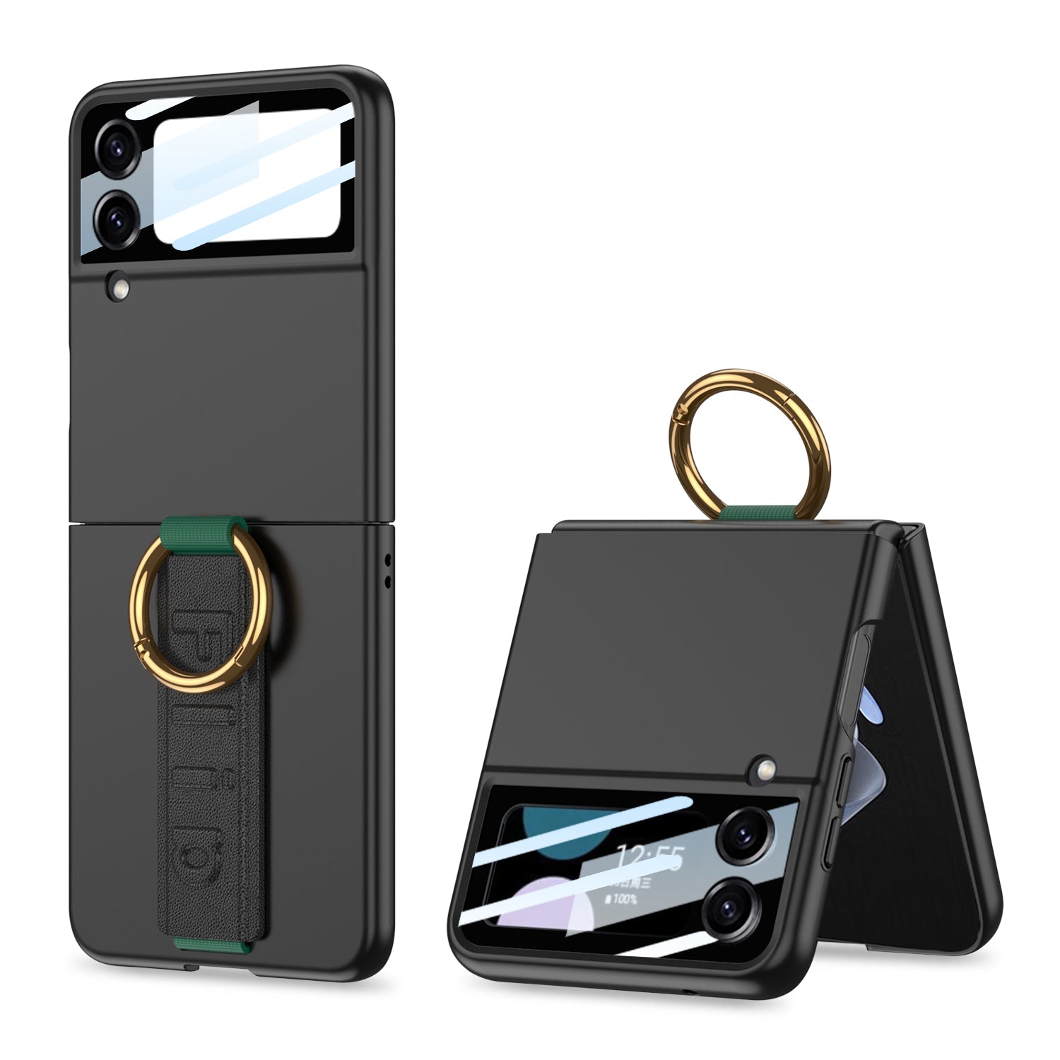 Premium Wristband Ring Holder Phone Case With Back Screen Protector For Samsung Galaxy Z Flip5 Flip4 Flip3