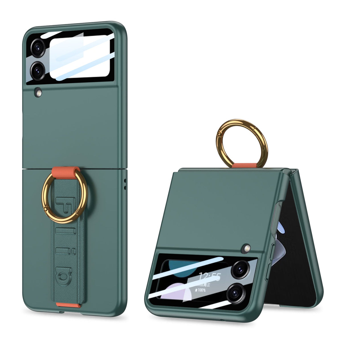 Premium Wristband Ring Holder Phone Case With Back Screen Protector For Samsung Galaxy Z Flip5 Flip4 Flip3