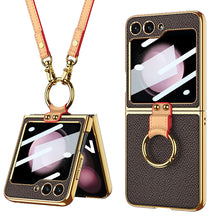 Load image into Gallery viewer, Luxury Leather Back Screen Tempered Glass Hard Frame Cover With Lanyard For Samsung Galaxy Z Flip5 Flip4 Flip3 - mycasety2023 Mycasety
