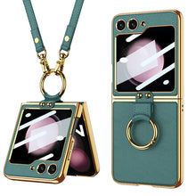 Load image into Gallery viewer, Luxury Leather Back Screen Tempered Glass Hard Frame Cover With Lanyard For Samsung Galaxy Z Flip5 Flip4 Flip3 - mycasety2023 Mycasety
