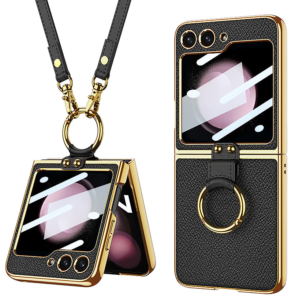 Luxury Leather Back Screen Tempered Glass Hard Frame Cover With Lanyard For Samsung Galaxy Z Flip5 Flip4 Flip3 - mycasety2023 Mycasety