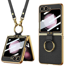 Load image into Gallery viewer, Luxury Leather Back Screen Tempered Glass Hard Frame Cover With Lanyard For Samsung Galaxy Z Flip5 Flip4 Flip3 - mycasety2023 Mycasety
