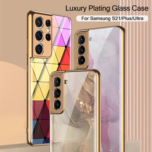Luxury Pattern Plating Glass Case For Samsung Galaxy S21 5G Case Anti-knock Protection Soft Edge Cover for Samsung S21 5G