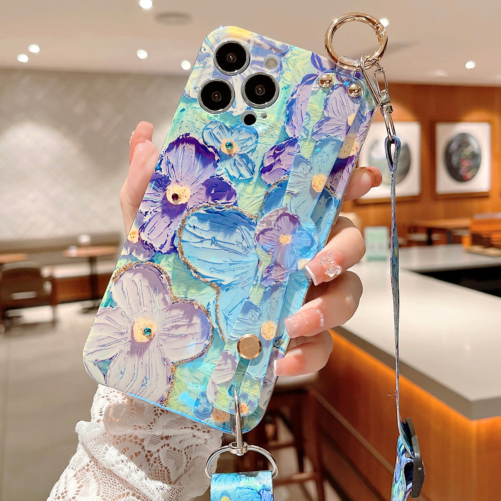 Purple Oil Painting Flower Wristband Holder with Lanyard iPhone Case - {{ shop_name}} varyfun