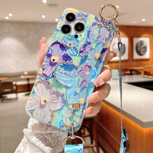 Load image into Gallery viewer, Purple Oil Painting Flower Wristband Holder with Lanyard iPhone Case - {{ shop_name}} varyfun
