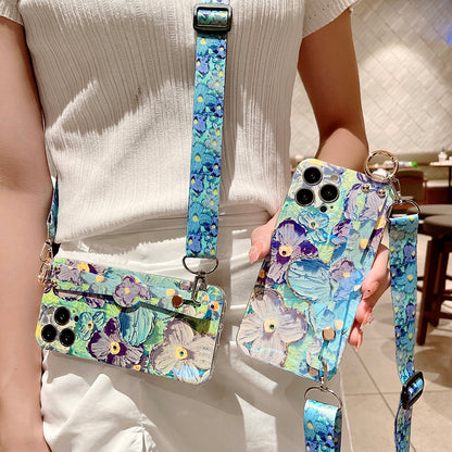 Purple Oil Painting Flower Wristband Holder with Lanyard iPhone Case - {{ shop_name}} varyfun