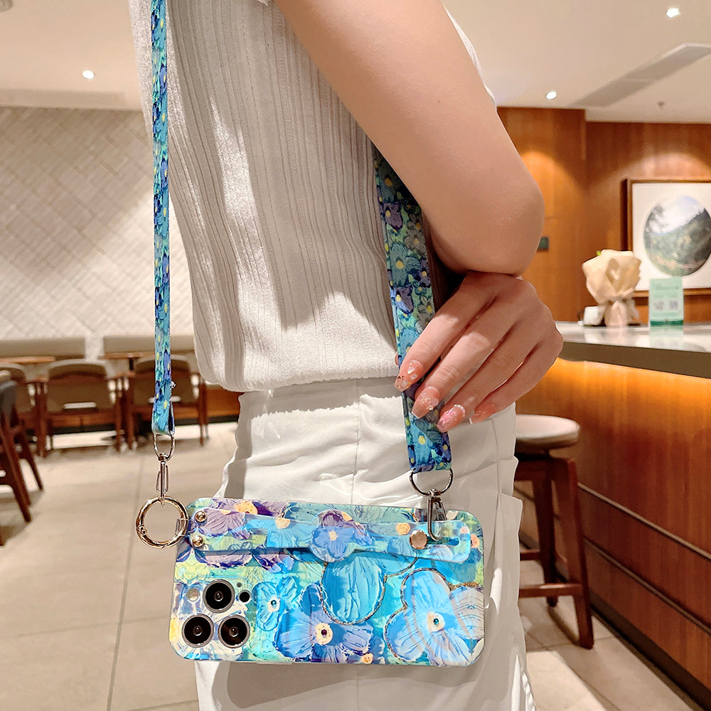 Purple Oil Painting Flower Wristband Holder with Lanyard iPhone Case - {{ shop_name}} varyfun
