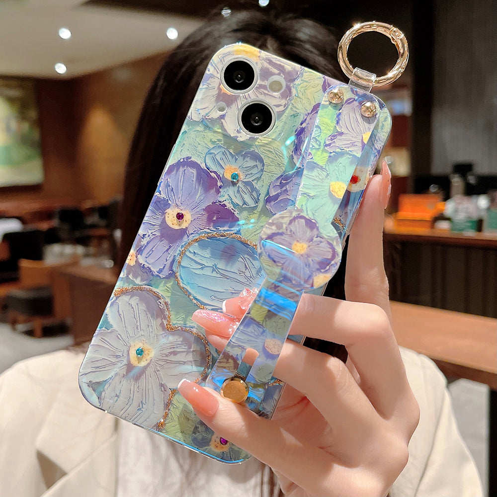 Purple Oil Painting Flower Wristband Holder with Lanyard iPhone Case - {{ shop_name}} varyfun