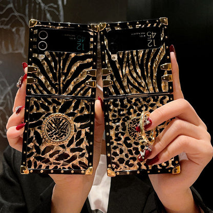 Luxury Leopard Pattern Stripe Glitter Gold Square Case For Samsung Galaxy Z Flip4 Flip3 5G - {{ shop_name}} pphonecover