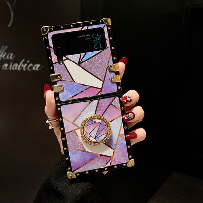 Luxury Rhombus Pattern Ring Holder Protective Case For Samsung Galaxy Z Flip4 Flip3 5G - {{ shop_name}} pphonecover