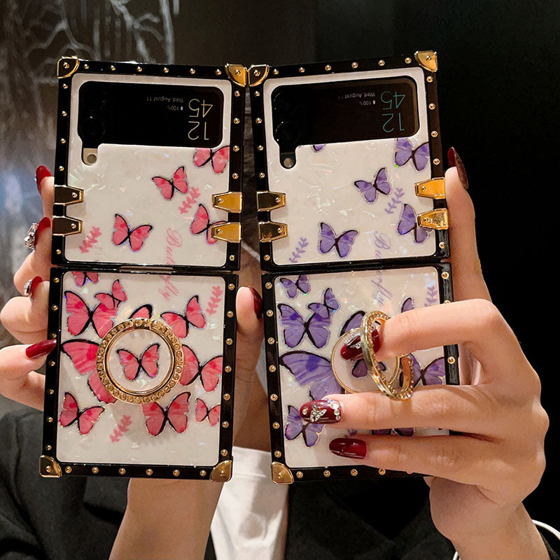 Luxury Butterfly Pattern Ring Holder Protective Case For Samsung Galaxy Z Flip4 Flip3 5G - {{ shop_name}} pphonecover