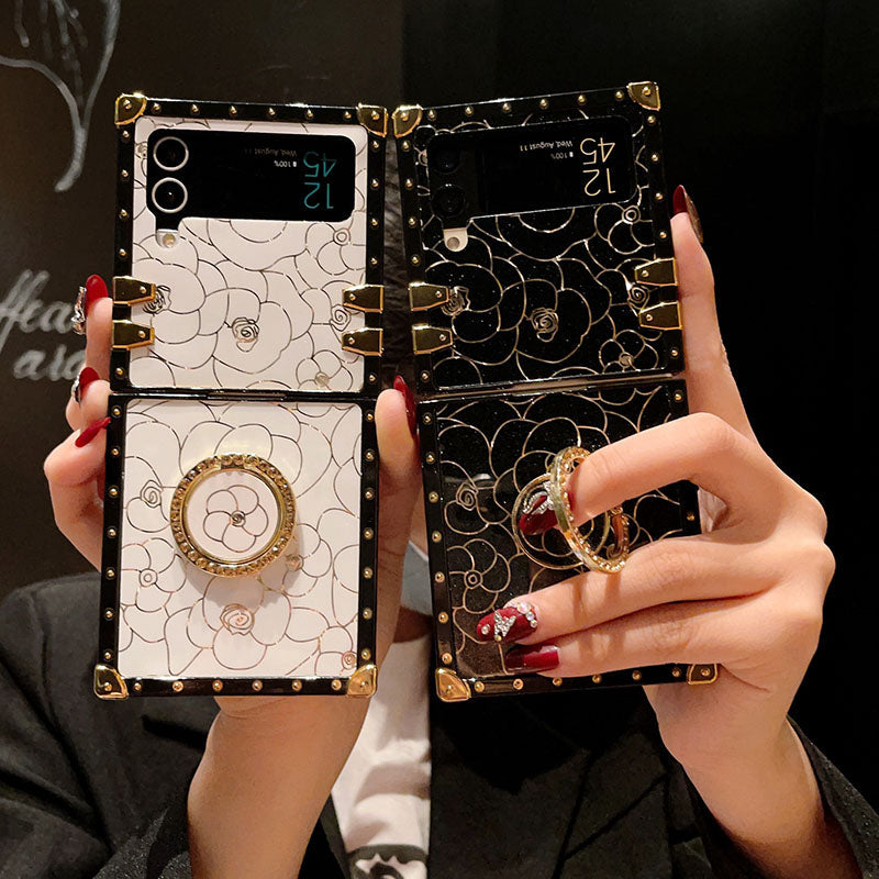 Luxury Brand Camellia Gold Plating Square Case For Samsung Galaxy Z Flip4 Flip3 5G - {{ shop_name}} pphonecover