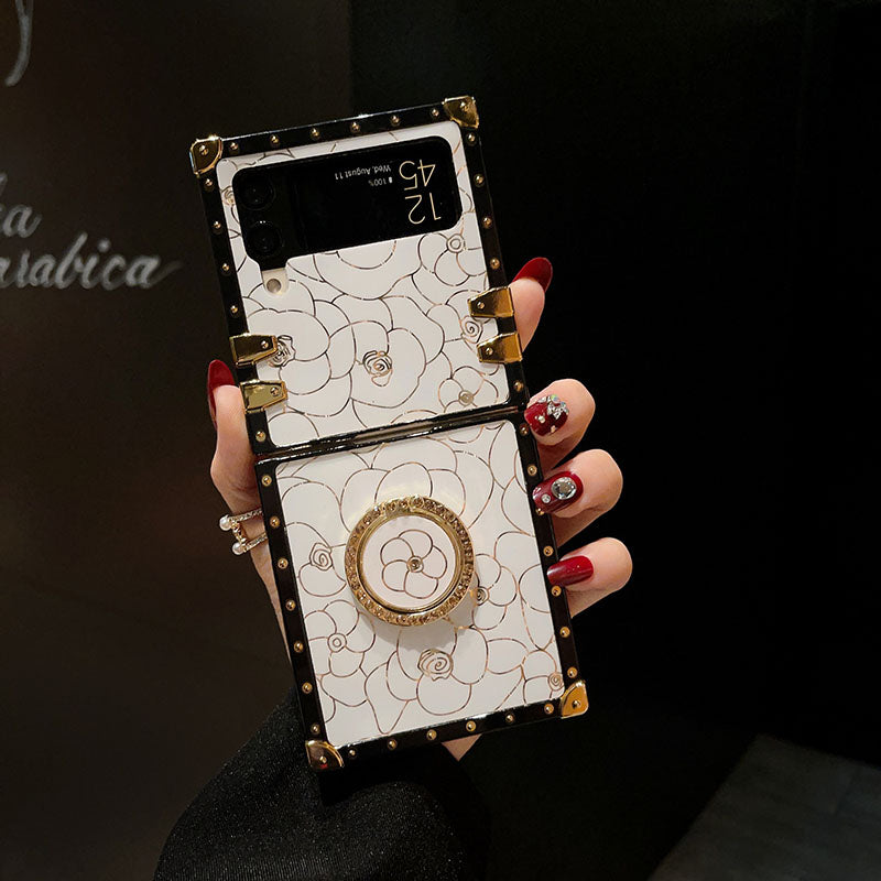 Luxury Brand Camellia Gold Plating Square Case For Samsung Galaxy Z Flip4 Flip3 5G - {{ shop_name}} pphonecover