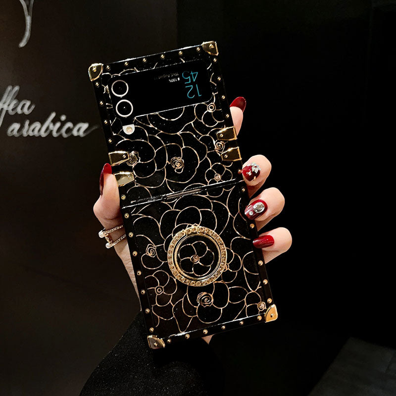 Luxury Brand Camellia Gold Plating Square Case For Samsung Galaxy Z Flip4 Flip3 5G - {{ shop_name}} pphonecover