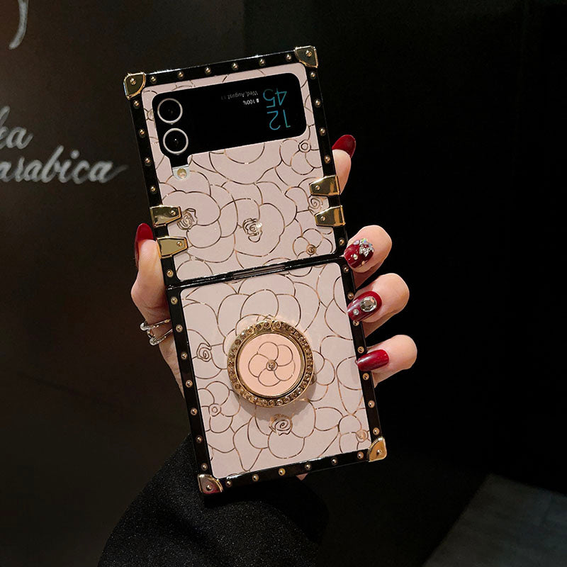 Luxury Brand Camellia Gold Plating Square Case For Samsung Galaxy Z Flip4 Flip3 5G - {{ shop_name}} pphonecover