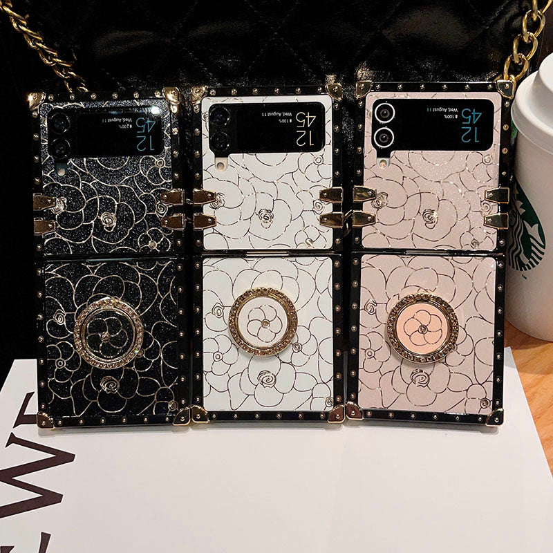 Luxury Brand Camellia Gold Plating Square Case For Samsung Galaxy Z Flip4 Flip3 5G - {{ shop_name}} pphonecover