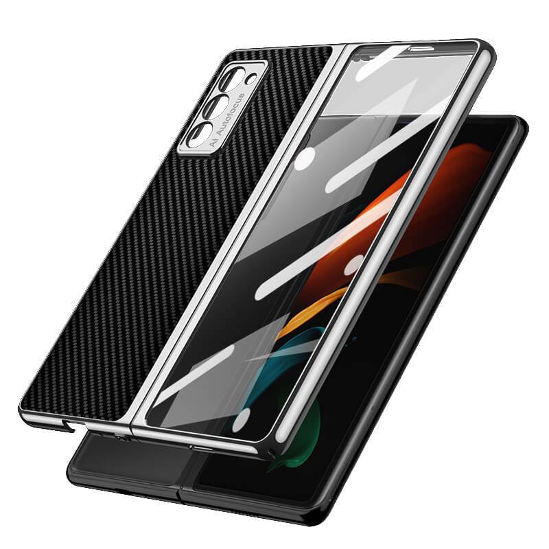 Luxury Leather Carbon Fiber Plating Case For Samsung Galaxy Z Fold3 Fold2 With Tempered Glass Screen - {{ shop_name}} varyfun