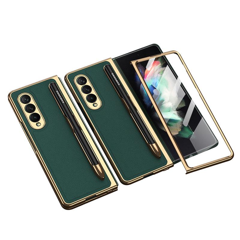 Luxury Leather Carbon Fiber Plating Case For Samsung Galaxy Z Fold3 Fold2 With Tempered Glass Screen - {{ shop_name}} varyfun
