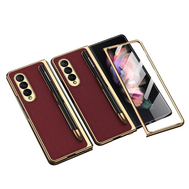 Luxury Leather Carbon Fiber Plating Case For Samsung Galaxy Z Fold3 Fold2 With Tempered Glass Screen - {{ shop_name}} varyfun