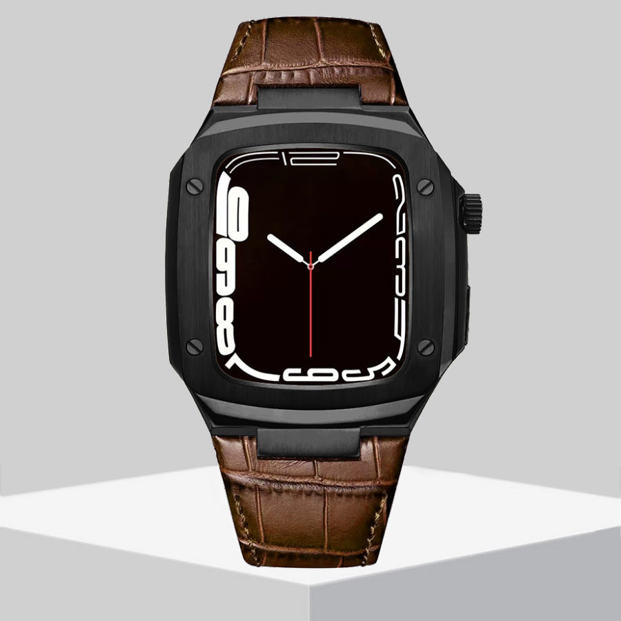 Luxury Metal Case Leather Strap For Apple Watch Series 44/45 mm - mycasety2023 Mycasety