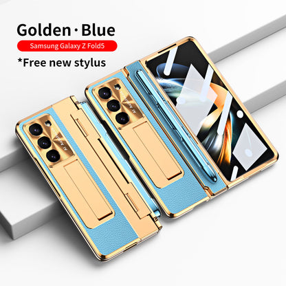 Plating Galaxy Z Fold5 Leather Case with Front Screen Protector & Flat Hinge & Pen Slot With Stylus - mycasety2023 Mycasety