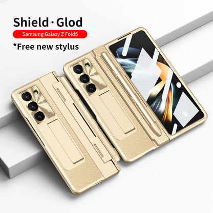 Plating Galaxy Z Fold5 Leather Case with Front Screen Protector & Flat Hinge & Pen Slot With Stylus - mycasety2023 Mycasety