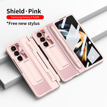 Plating Galaxy Z Fold5 Leather Case with Front Screen Protector & Flat Hinge & Pen Slot With Stylus - mycasety2023 Mycasety
