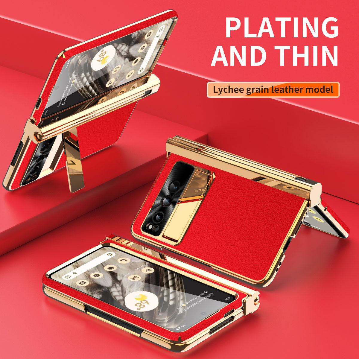 Electroplated Leather Google Pixel Fold Case with Dual Hinge Protective Screen Protector and Hidden Kickstand Pen Slot Free Stylus - mycasety2023 Mycasety