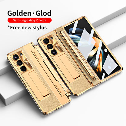 Plating Galaxy Z Fold5 Leather Case with Front Screen Protector & Flat Hinge & Pen Slot With Stylus - mycasety2023 Mycasety