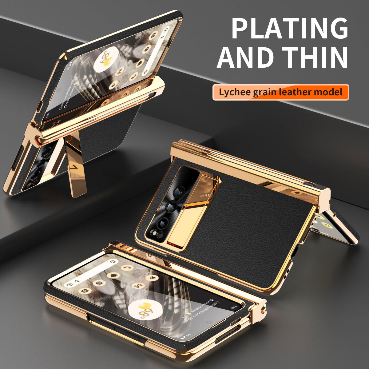 Electroplated Leather Google Pixel Fold Case with Dual Hinge Protective Screen Protector and Hidden Kickstand Pen Slot Free Stylus - mycasety2023 Mycasety