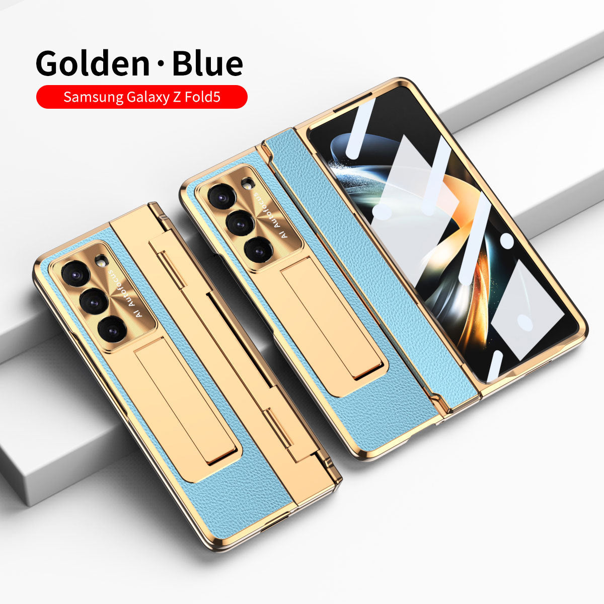 Plating Leather Galaxy Z Fold5 Fold4 Fold3 Case with Front Screen Protector & Flat Hinge Protection & Hidden Stand - mycasety2023 Mycasety