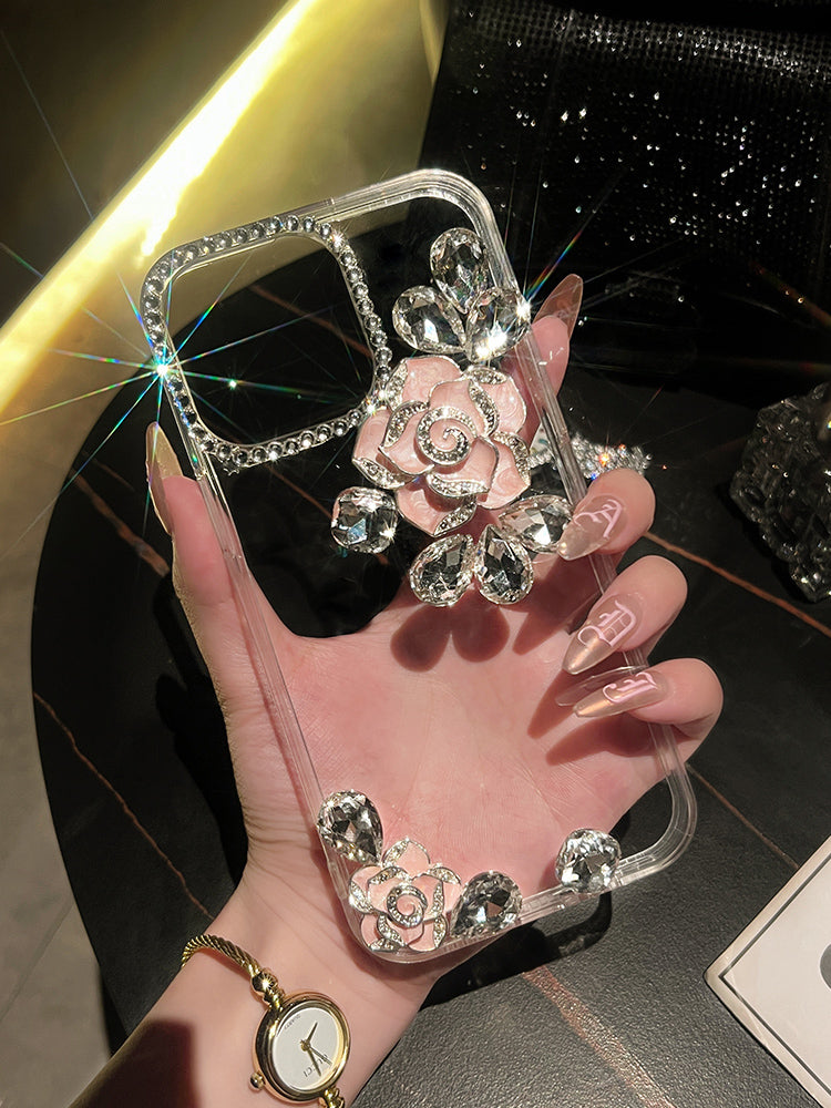 Luxury Camellia Diamond Transparent iPhone case - mycasety2023 Mycasety