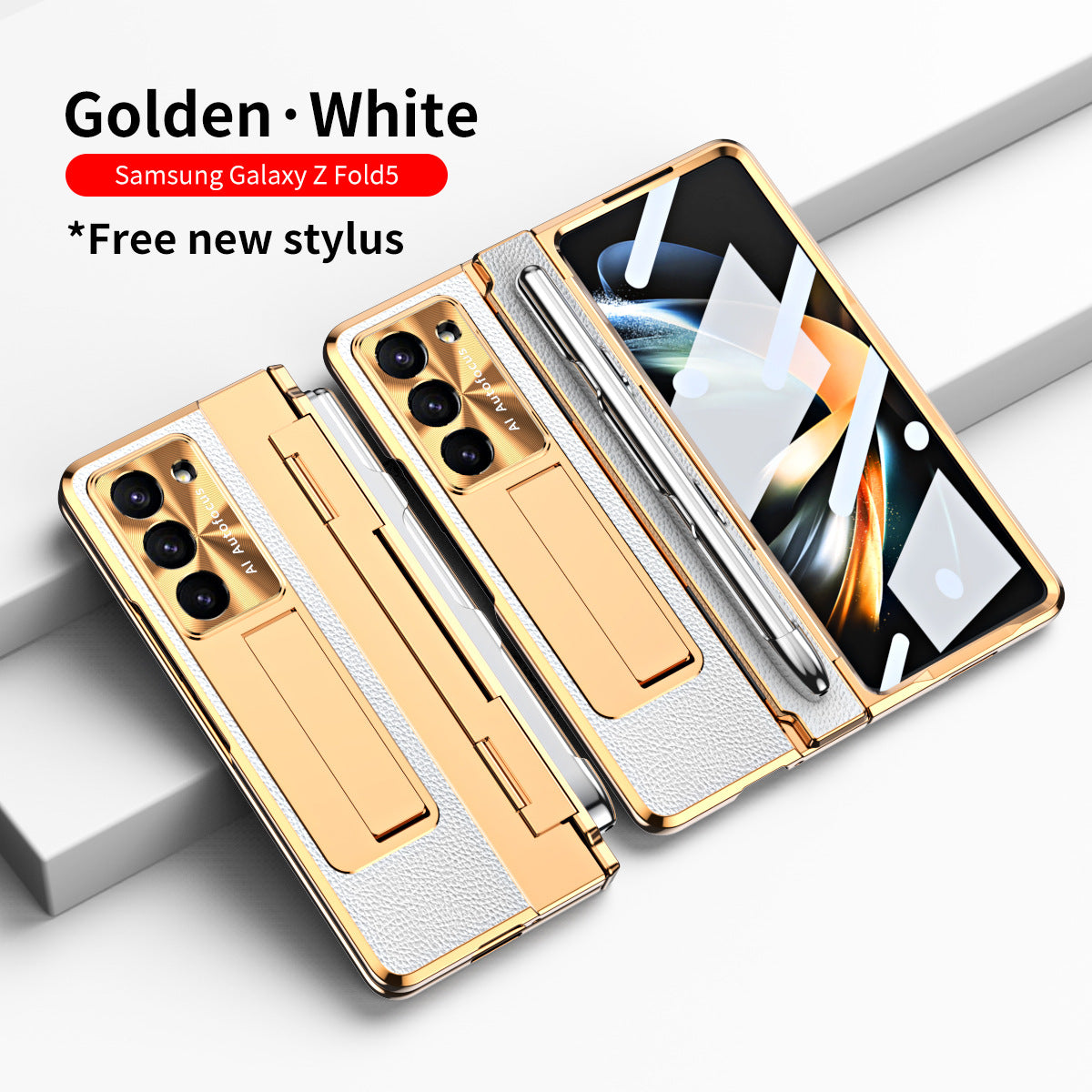 Plating Galaxy Z Fold5 Leather Case with Front Screen Protector & Flat Hinge & Pen Slot With Stylus - mycasety2023 Mycasety