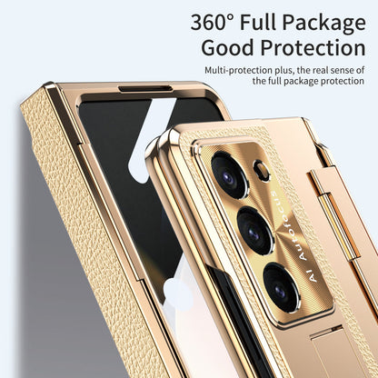 Plating Leather Galaxy Z Fold5 Fold4 Fold3 Case with Front Screen Protector & Flat Hinge Protection & Hidden Stand - mycasety2023 Mycasety