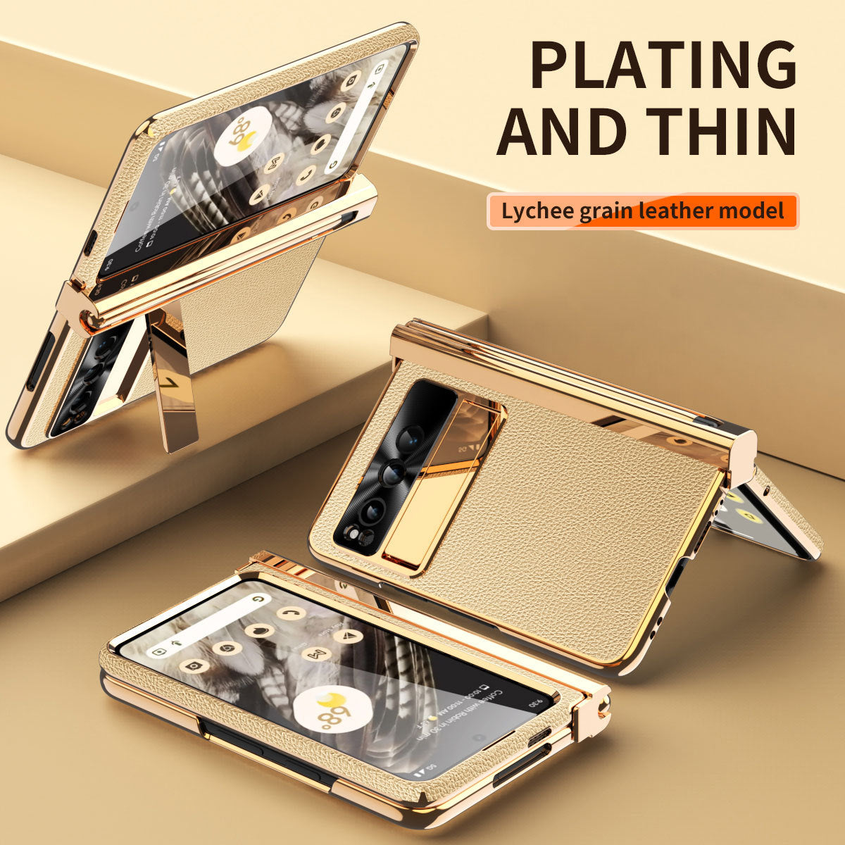 Electroplated Leather Google Pixel Fold Case with Dual Hinge Protective Screen Protector and Hidden Kickstand Pen Slot Free Stylus - mycasety2023 Mycasety