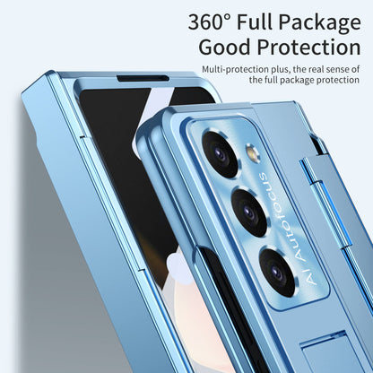 Plated Galaxy Z Fold5 Fold4 Fold3 Case with Front Screen Protector & Flat Hinge Protection & Hidden Stand - mycasety2023 Mycasety