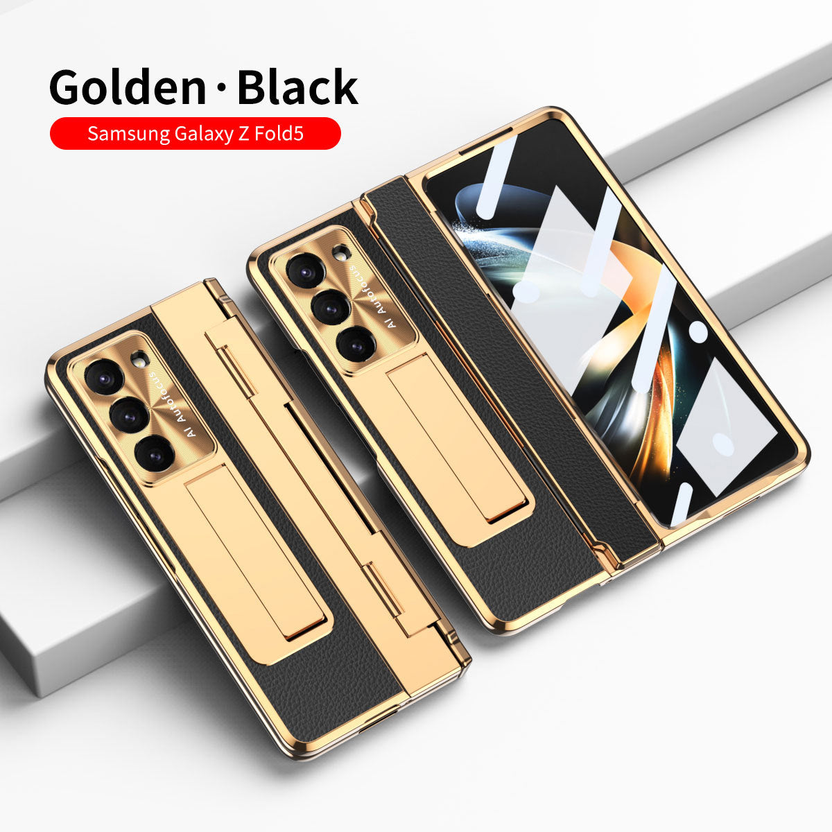 Plating Leather Galaxy Z Fold5 Fold4 Fold3 Case with Front Screen Protector & Flat Hinge Protection & Hidden Stand - mycasety2023 Mycasety