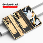 Plating Leather Galaxy Z Fold5 Fold4 Fold3 Case with Front Screen Protector & Flat Hinge Protection & Hidden Stand - mycasety2023 Mycasety