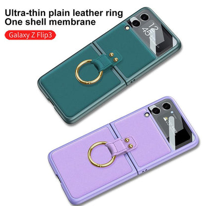 Original Leather Back Screen Tempered Glass Hard Frame Cover For Samsung Z Flip 3 5G - {{ shop_name}} varyfun