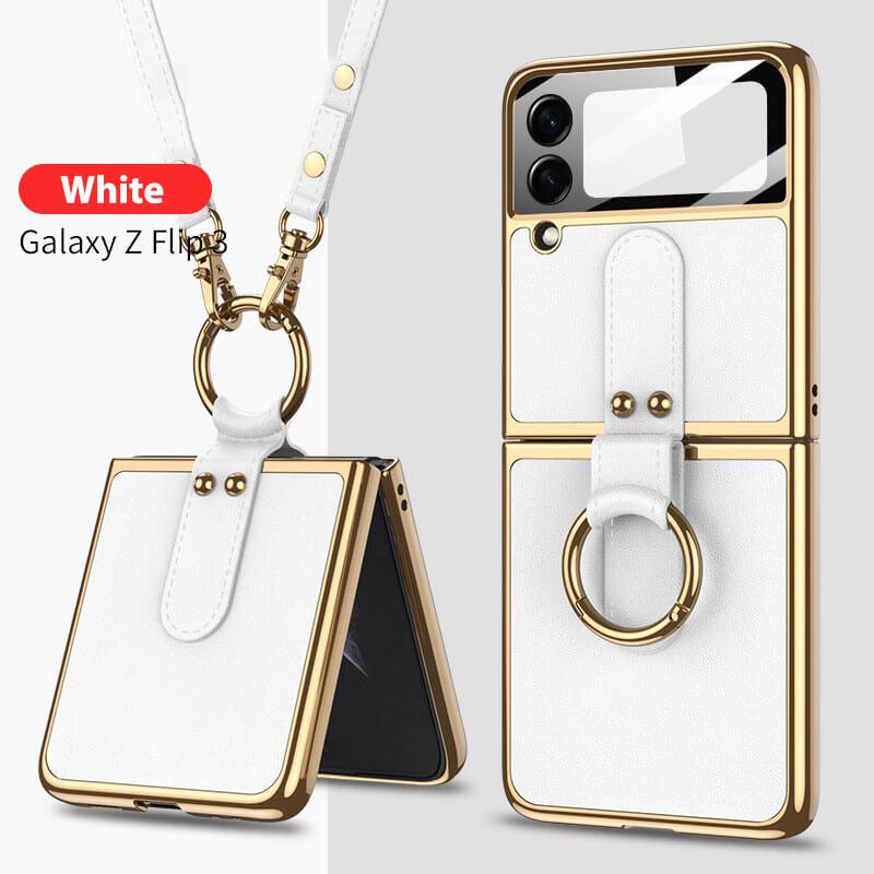 Original Leather Back Screen Tempered Glass Hard Frame Cover For Samsung Z Flip 3 5G With Lanyard - {{ shop_name}} varyfun