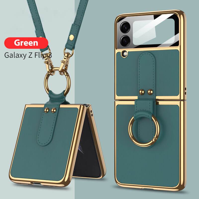 Original Leather Back Screen Tempered Glass Hard Frame Cover For Samsung Z Flip 3 5G With Lanyard - {{ shop_name}} varyfun