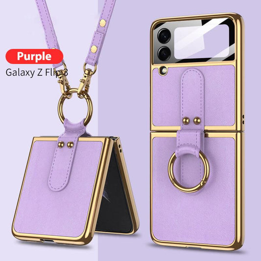 Original Leather Back Screen Tempered Glass Hard Frame Cover For Samsung Z Flip 3 5G With Lanyard - {{ shop_name}} varyfun
