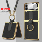 Original Leather Back Screen Tempered Glass Hard Frame Cover For Samsung Z Flip 3 5G With Lanyard - {{ shop_name}} varyfun