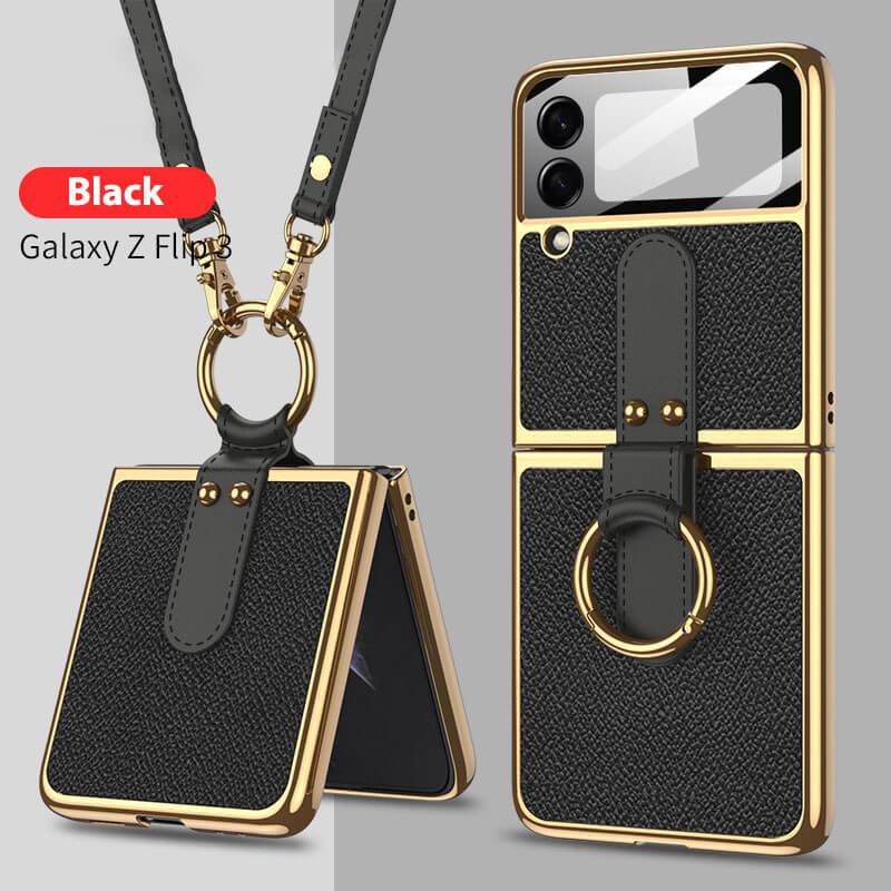 Original Leather Back Screen Tempered Glass Hard Frame Cover For Samsung Z Flip 3 5G With Lanyard - {{ shop_name}} varyfun