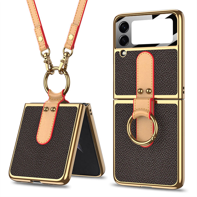 2022 Luxury Leather Back Screen Tempered Glass Hard Frame Cover For Samsung Galaxy Z Flip 3 5G With Lanyard - {{ shop_name}} varyfun