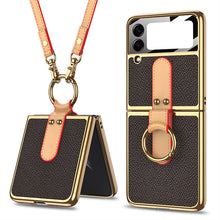 Load image into Gallery viewer, 2022 Luxury Leather Back Screen Tempered Glass Hard Frame Cover For Samsung Galaxy Z Flip 3 5G With Lanyard - {{ shop_name}} varyfun
