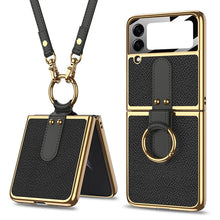 Load image into Gallery viewer, 2022 Luxury Leather Back Screen Tempered Glass Hard Frame Cover For Samsung Galaxy Z Flip 3 5G With Lanyard - {{ shop_name}} varyfun
