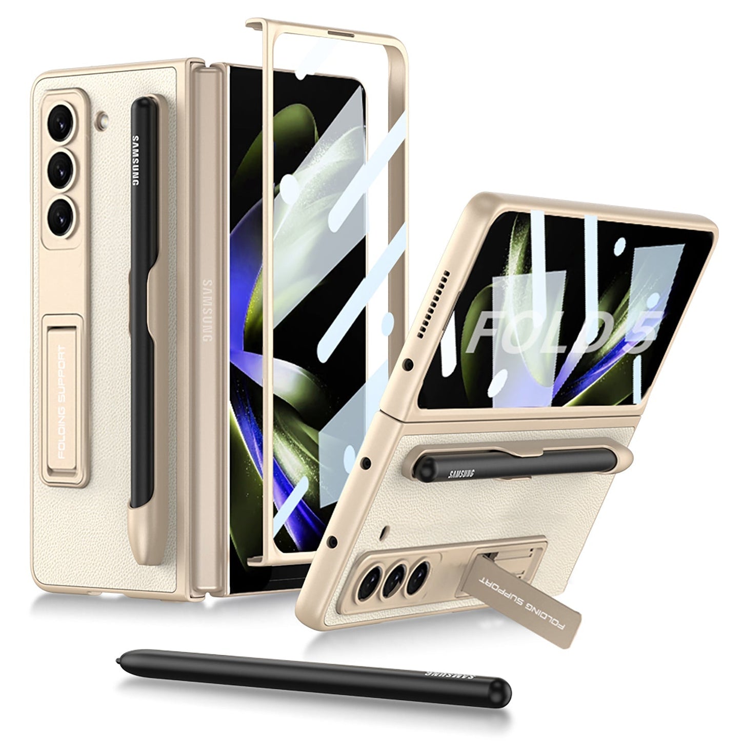 Slim Leather Samsung Galaxy Z Fold 5 Case with Front Screen Tempered Glass Protector & Pen Slot & Stylus - {{ shop_name}} varyfun