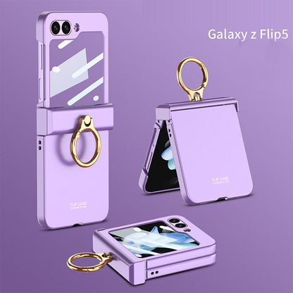 Electroplated hinge all-inclusive Case with Ring Front Screen Tempered Glass Protective Film For Samsung Galaxy Z Flip5 - mycasety2023 Mycasety